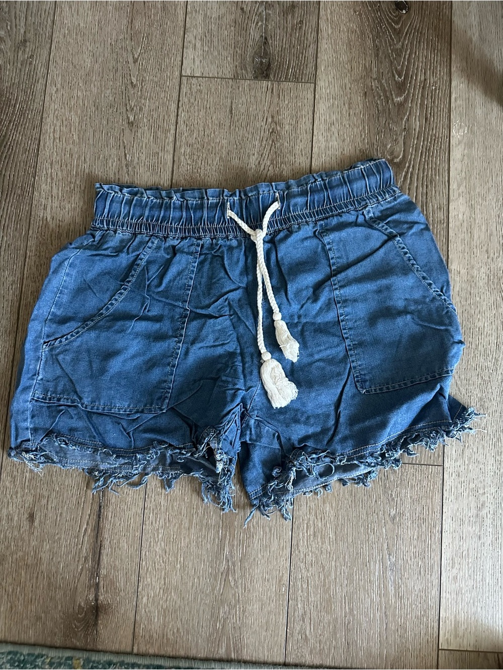 Three Bird Nest Blue Denim Tie-Waist Frayed Hem Shorts